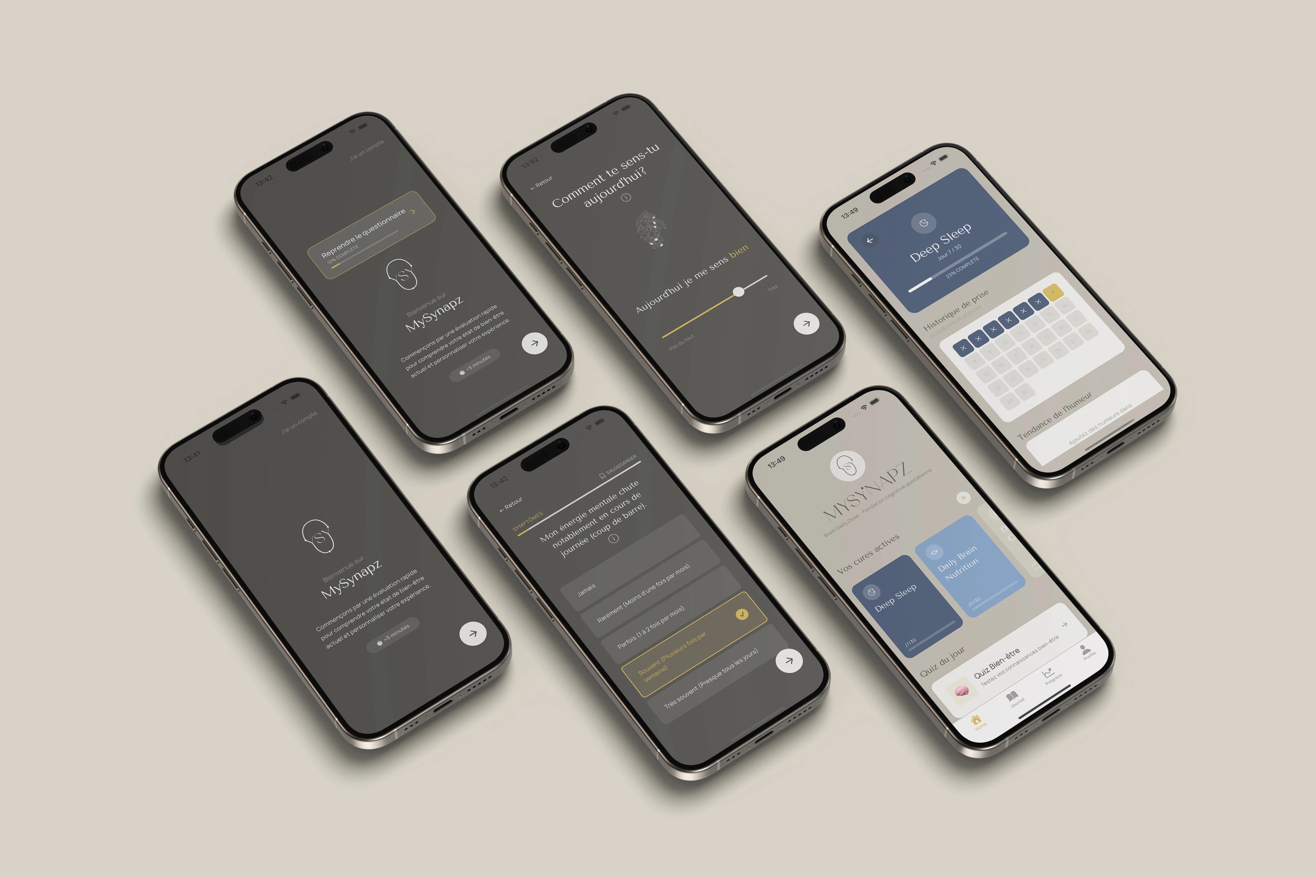 Écrans de l’application MySynapz affichant le suivi quotidien, les cures actives et les indicateurs de bien-être mental.