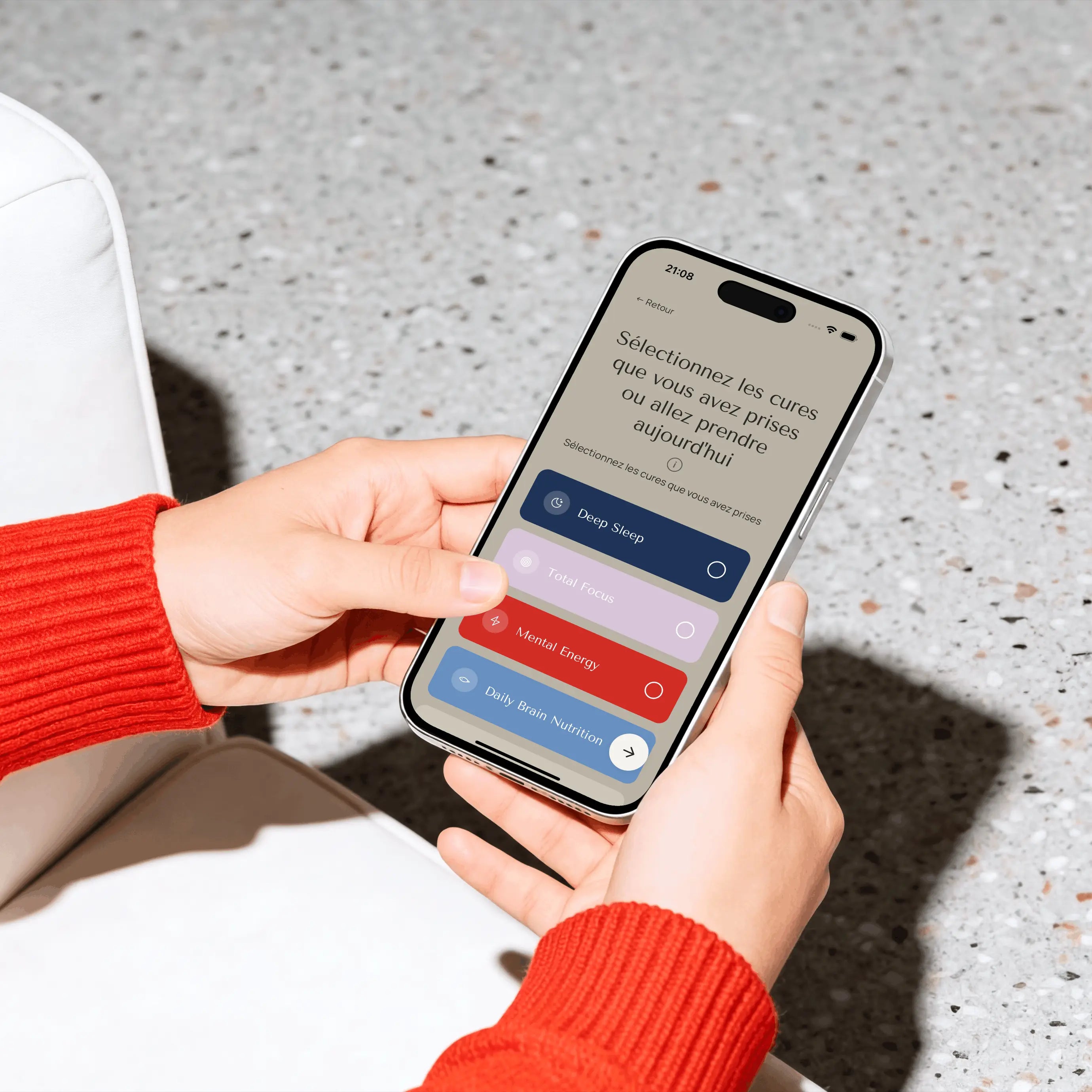 Écran de l’application MySynapz permettant la sélection d’une cure personnalisée de compléments alimentaires pour le bien-être mental et le suivi cognitif quotidien.