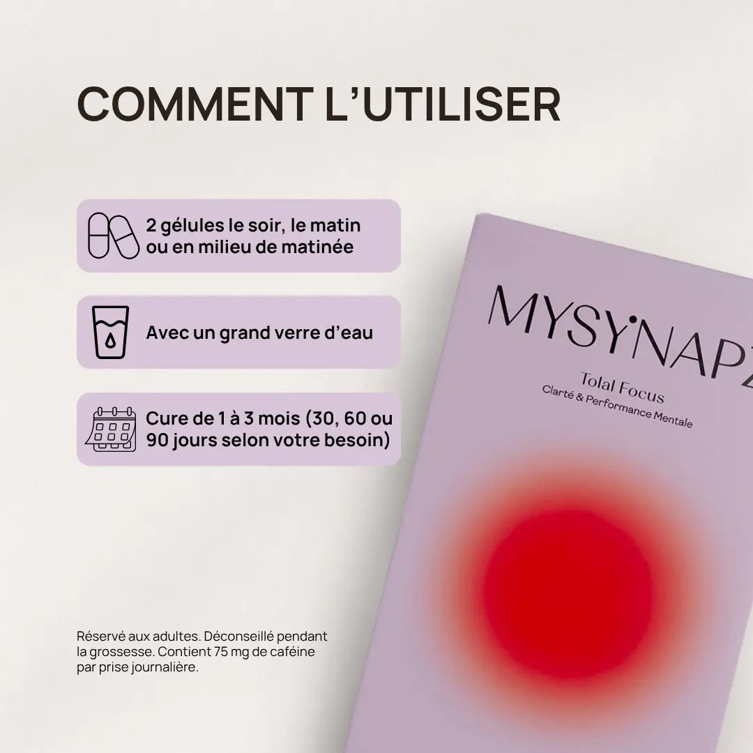 Boîte du complément alimentaire Total Focus MySynapz sur fond beige et posologie